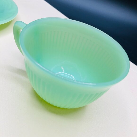 Vintage 50s FIRE KING USA Jadeite Jane Ray Teacup and Saucer Set: MCM Glassware - Picture 5 of 11